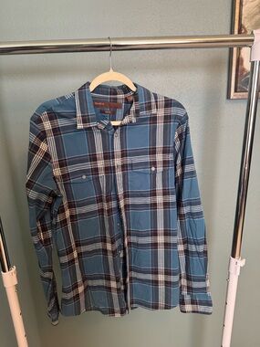 Prana Men's Blue and White Plaid Button-Down Shirt
